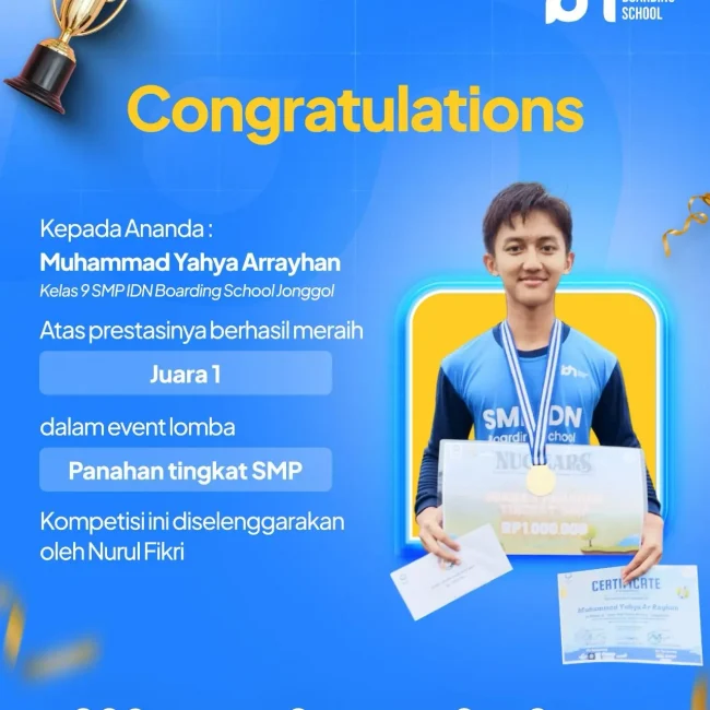 Santri IDN Boarding School Jonggol meraih Juara 1 lomba panahan di Nurul Fikri