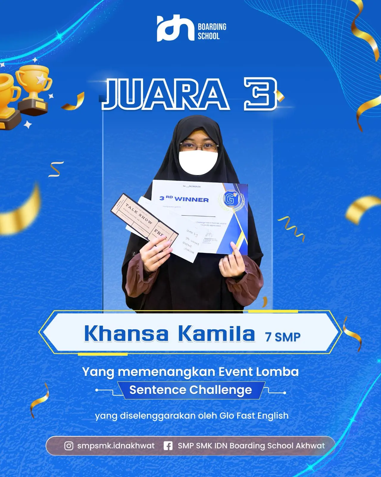 Santri IDN Boarding School Khansa Kamila meraih Juara 3 Sentence Challenge