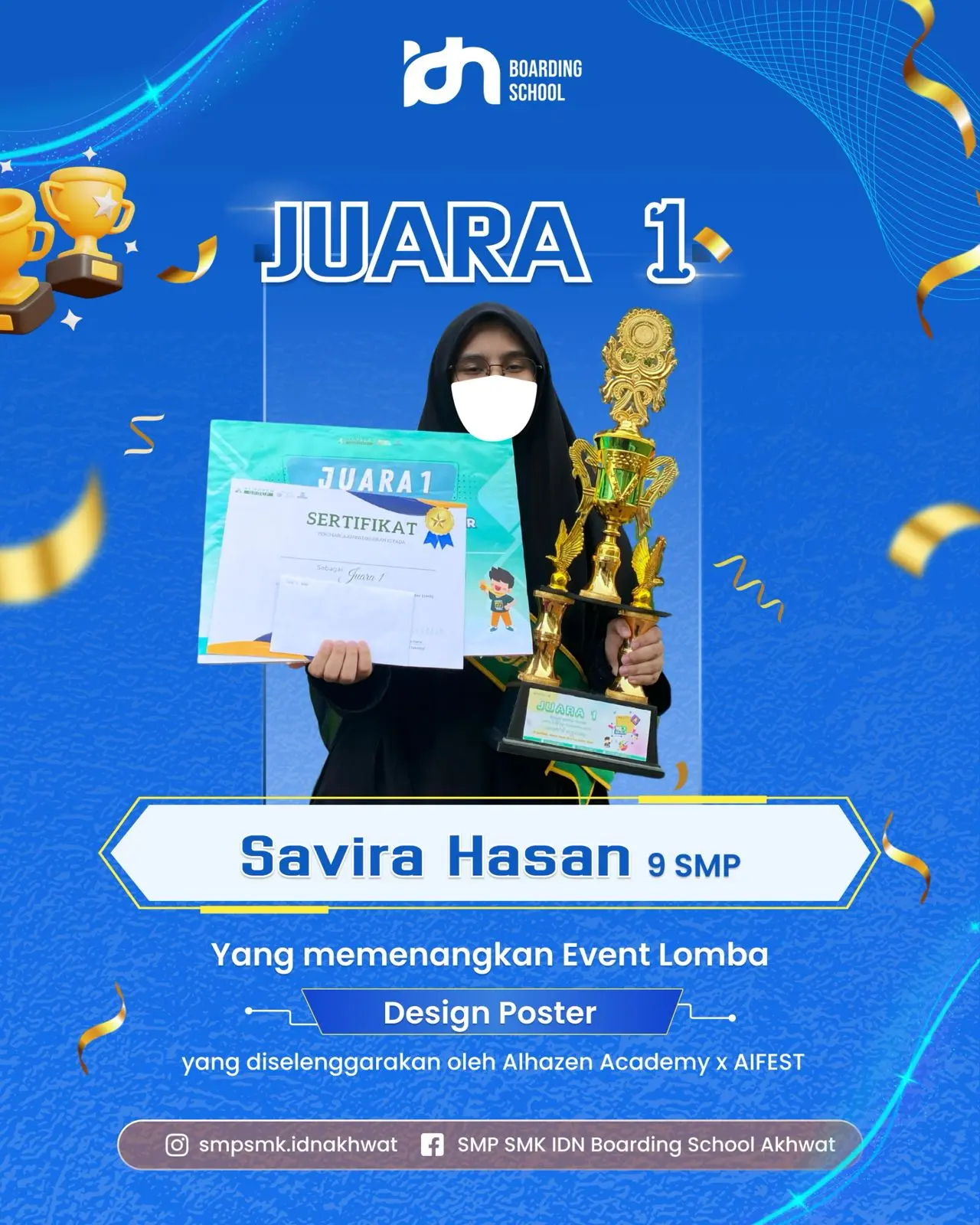 Santri IDN Boarding School Savira Hasan meraih Juara 1 lomba Design Poster