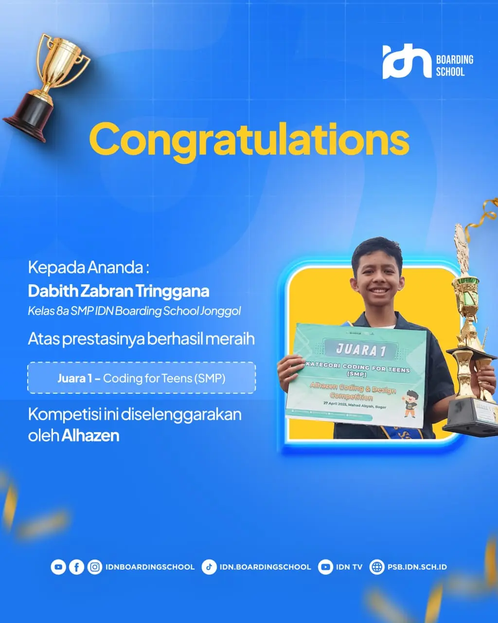 Dabith Zabran Trianggana meraih Juara 1 Thunkable AI Fest x Alhazen