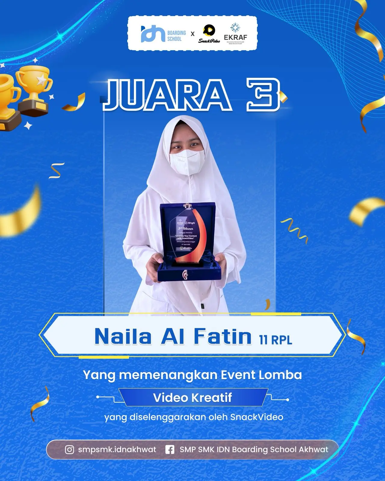Santri IDN Boarding School Akhwat Juara 3 lomba Video Kreatif