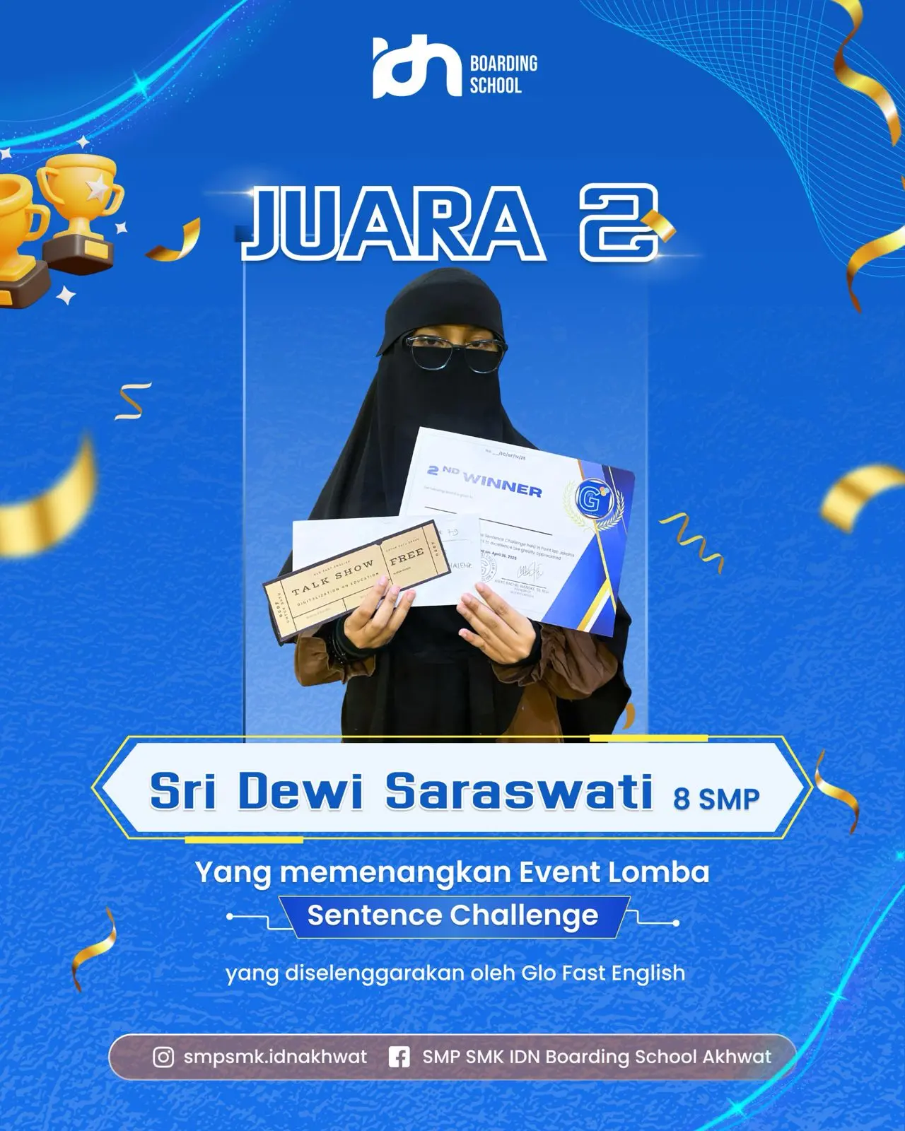 Santri IDN Boarding School Sri Dewi Saraswati raih Juara 2 Sentence Challenge