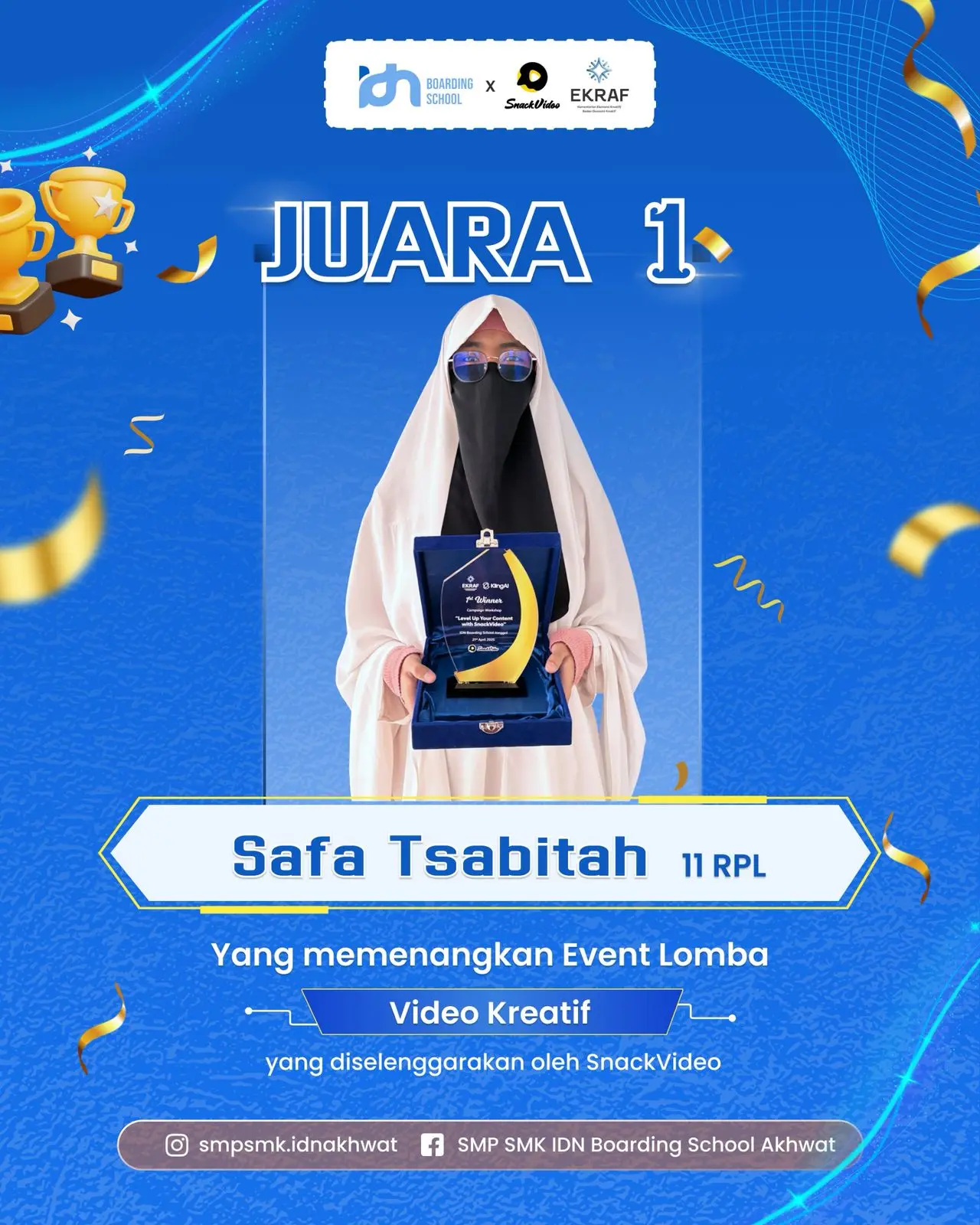 Santri SMK IDN Boarding School Akhwat raih Juara 1 lomba Video Kreatif
