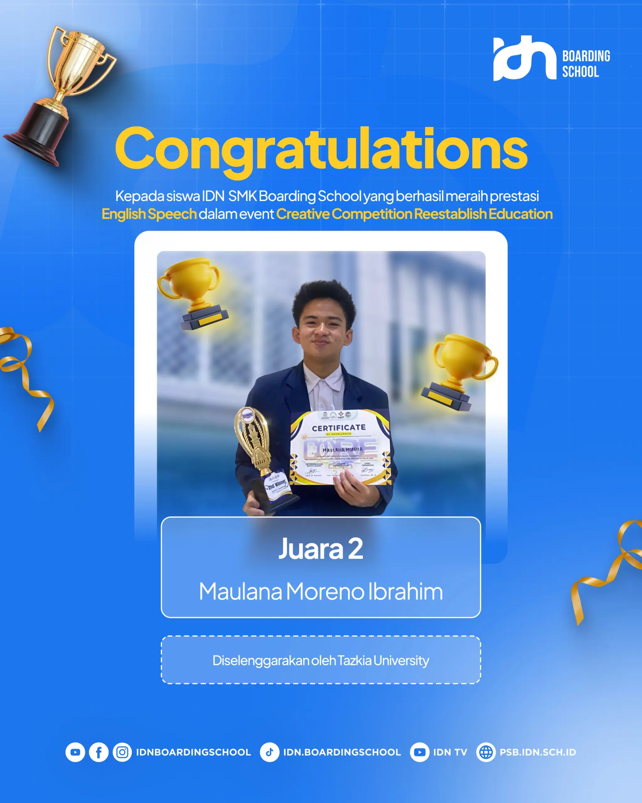 Santri SMK IDN Boarding School Jonggol meraih Juara 2 Speech Contest CORE 2025