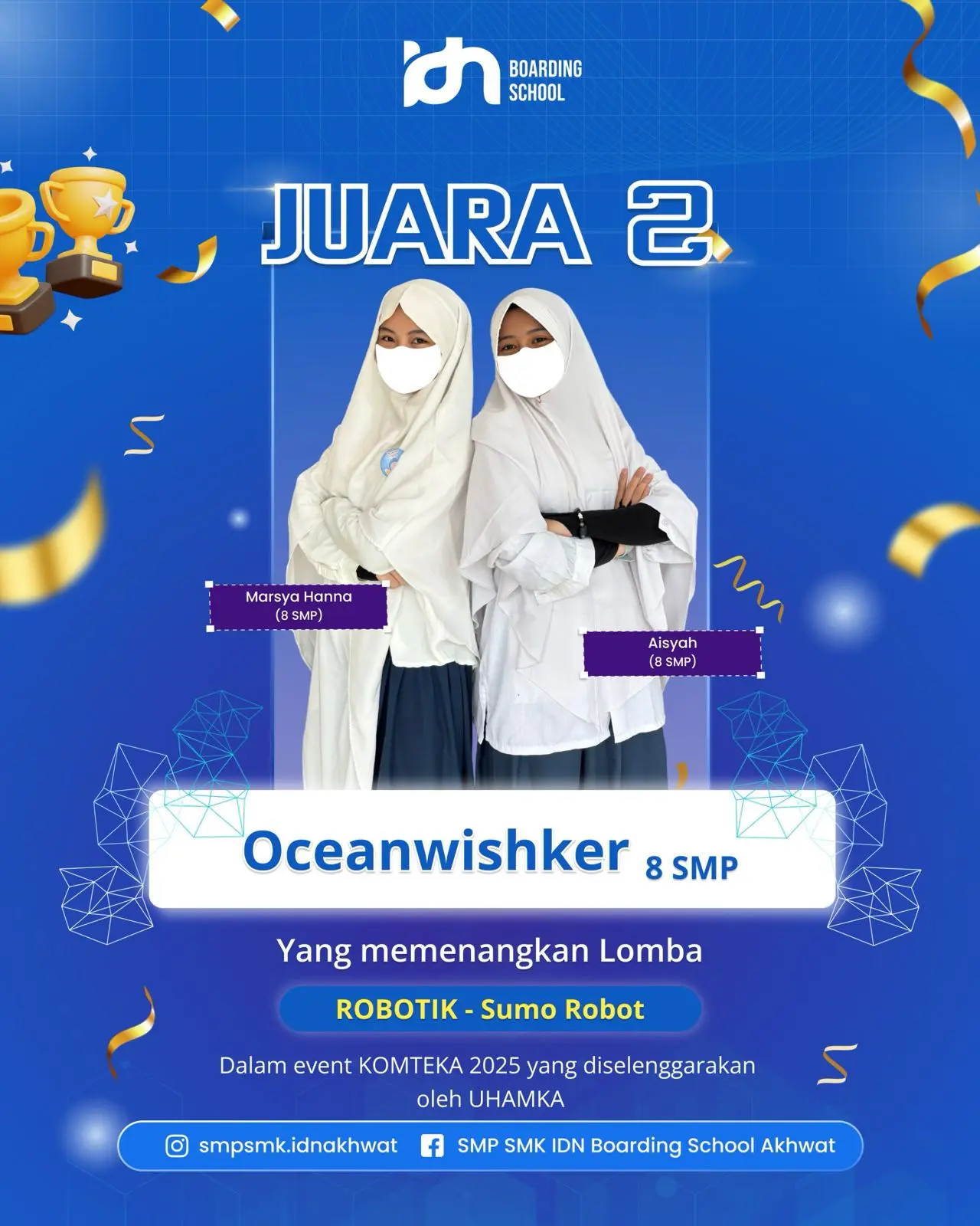 Aisyah dan Marsya Hanna Faradisa dari SMP IDN Akhwat meraih Juara 2 Robot Sumo