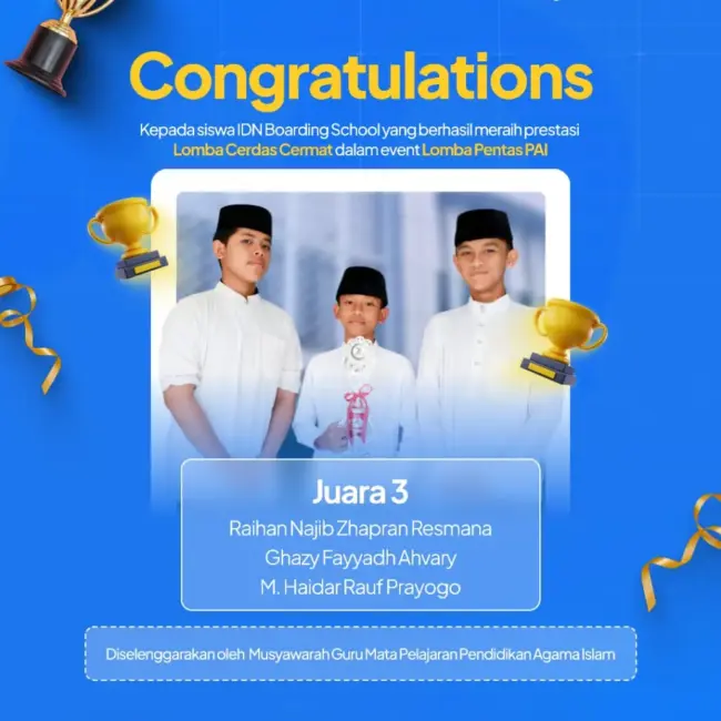 Tiga santri SMP IDN Jonggol meraih Juara 3 lomba Cerdas Cermat Pentas PAI