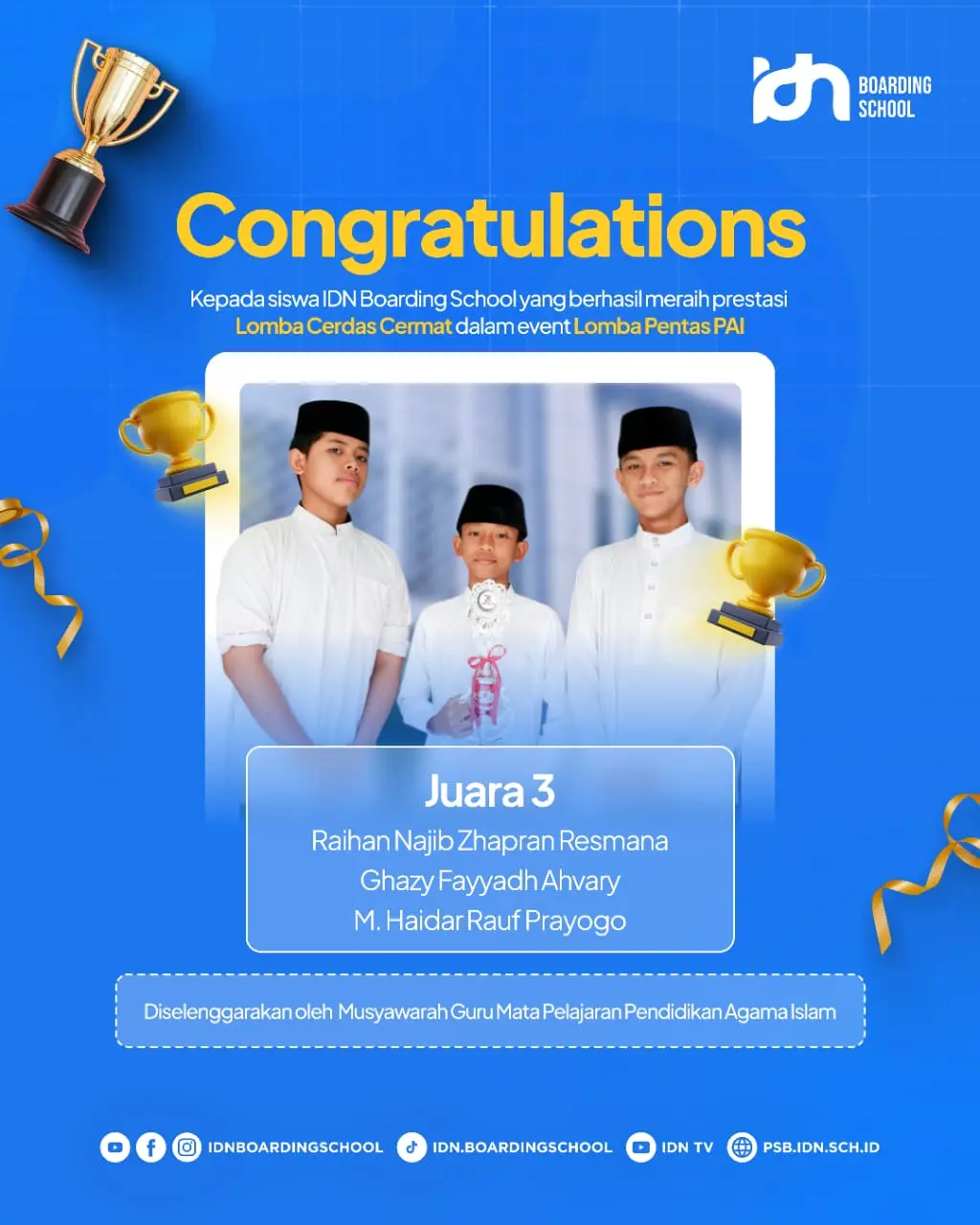 Tiga santri SMP IDN Jonggol meraih Juara 3 lomba Cerdas Cermat Pentas PAI