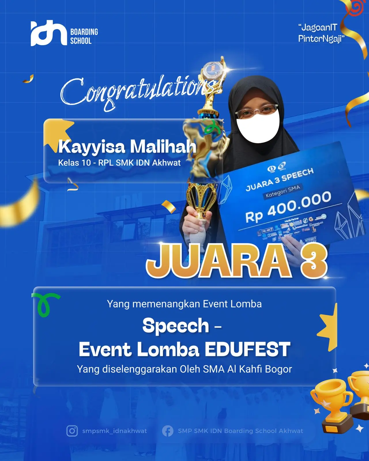 Santri SMK IDN Akhwat meraih Juara 3 Speech Contest EDUFEST 2025