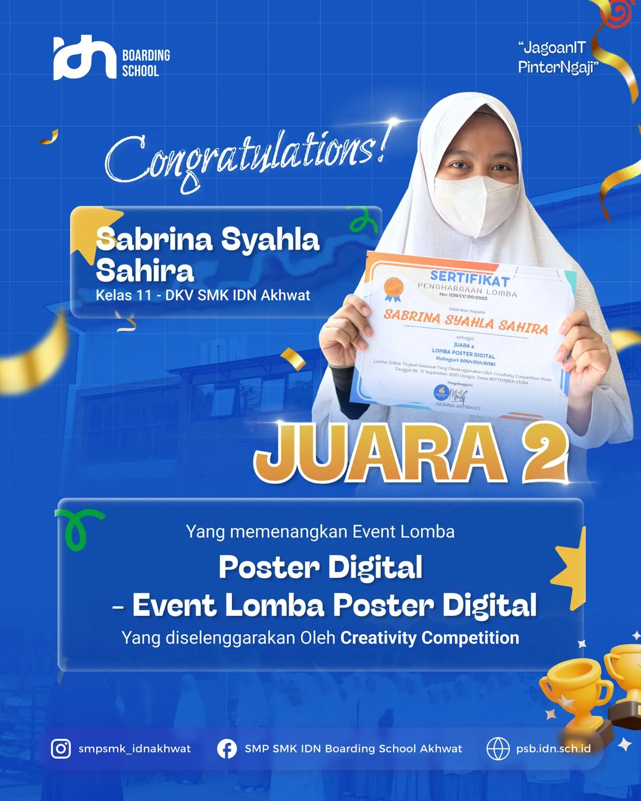 Sabrina Syahla Sahira siswi SMK IDN Akhwat Juara 2 Poster Digital Creativity Competition