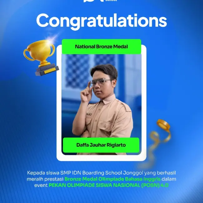 Daffa Jauhar Rigiarto santri SMP IDN Jonggol raih Medali Perak Olimpiade Bahasa Inggris POSN