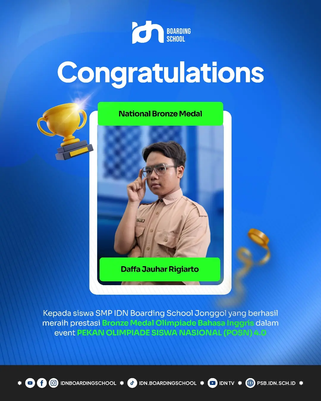 Daffa Jauhar Rigiarto santri SMP IDN Jonggol raih Medali Perak Olimpiade Bahasa Inggris POSN