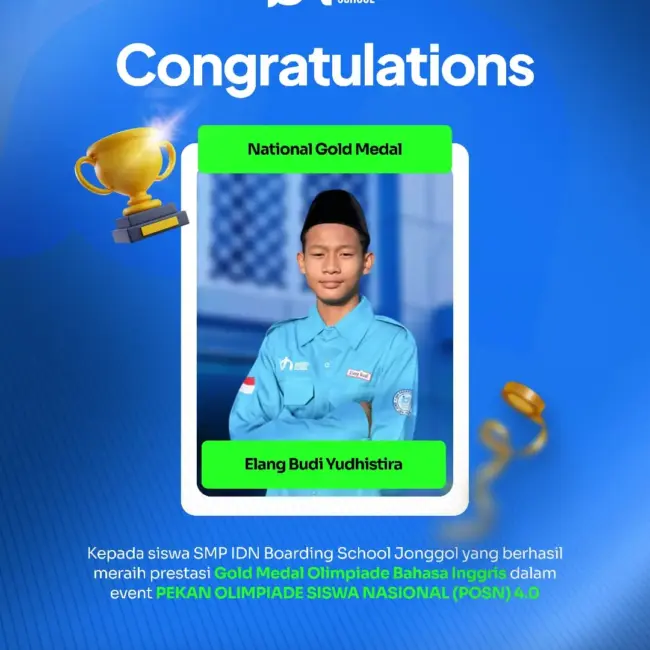 Elang Budi Yudhistira santri SMP IDN Jonggol raih Medali Emas Olimpiade Bahasa Inggris POSN