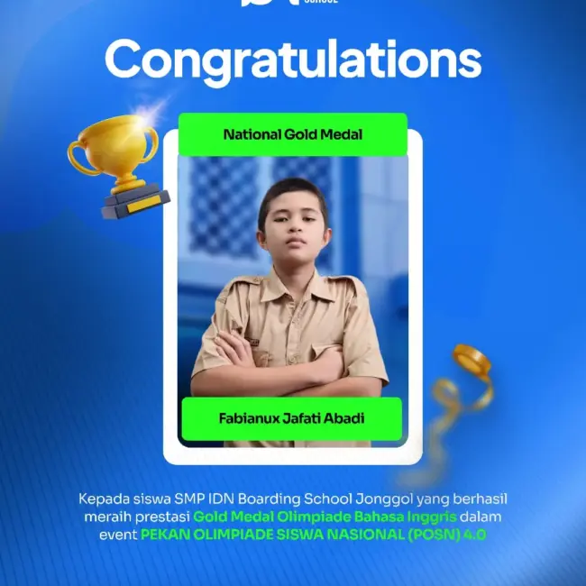 Santri SMP IDN Boarding School Jonggol Fabianux Jafati Abadi Juara Olimpiade Bahasa Inggris POSN