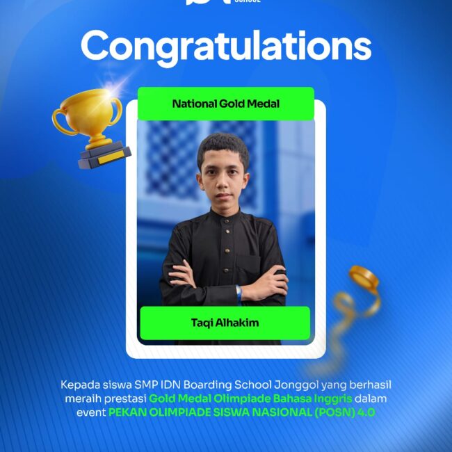 Santri SMP IDN Boarding School Jonggol Juara 1 Olimpiade Bahasa Inggris POSN