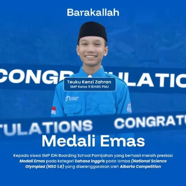 Teuku Kenzi Zahran santri SMP IDN Pamijahan raih Medali Emas Bahasa Inggris NSO 1.0