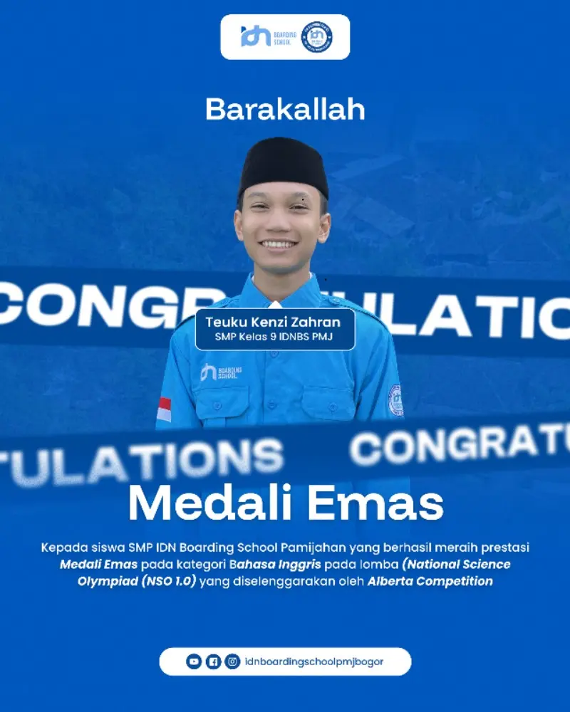 Teuku Kenzi Zahran santri SMP IDN Pamijahan raih Medali Emas Bahasa Inggris NSO 1.0