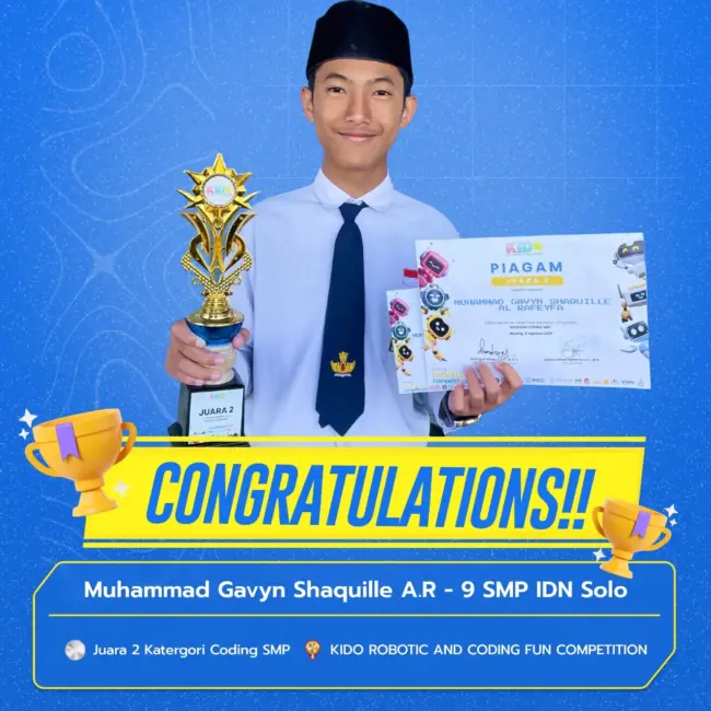 Muhammad Gavyn Shaquille santri SMP IDN Solo raih Juara 2 Coding Scratch KIDOFUN Competition