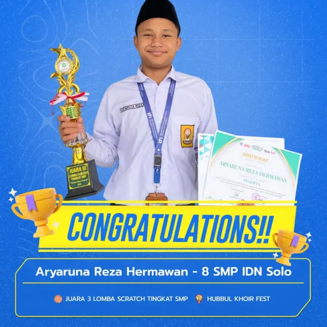 Aryaruna Reza Hermawan santri SMP IDN Solo Juara 3 Coding Scratch Hubbul Khoir Fest 2025