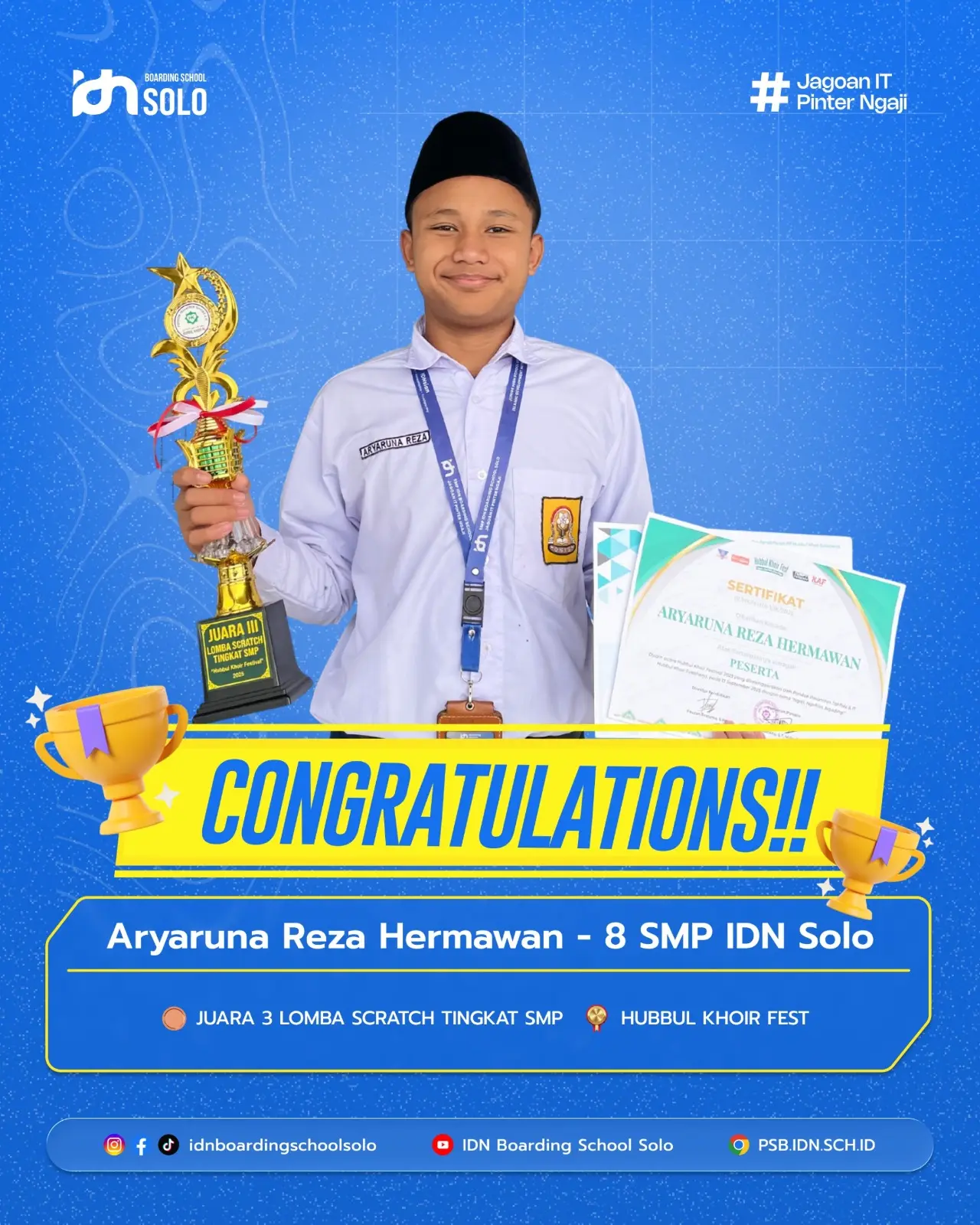 Aryaruna Reza Hermawan santri SMP IDN Solo Juara 3 Coding Scratch Hubbul Khoir Fest 2025