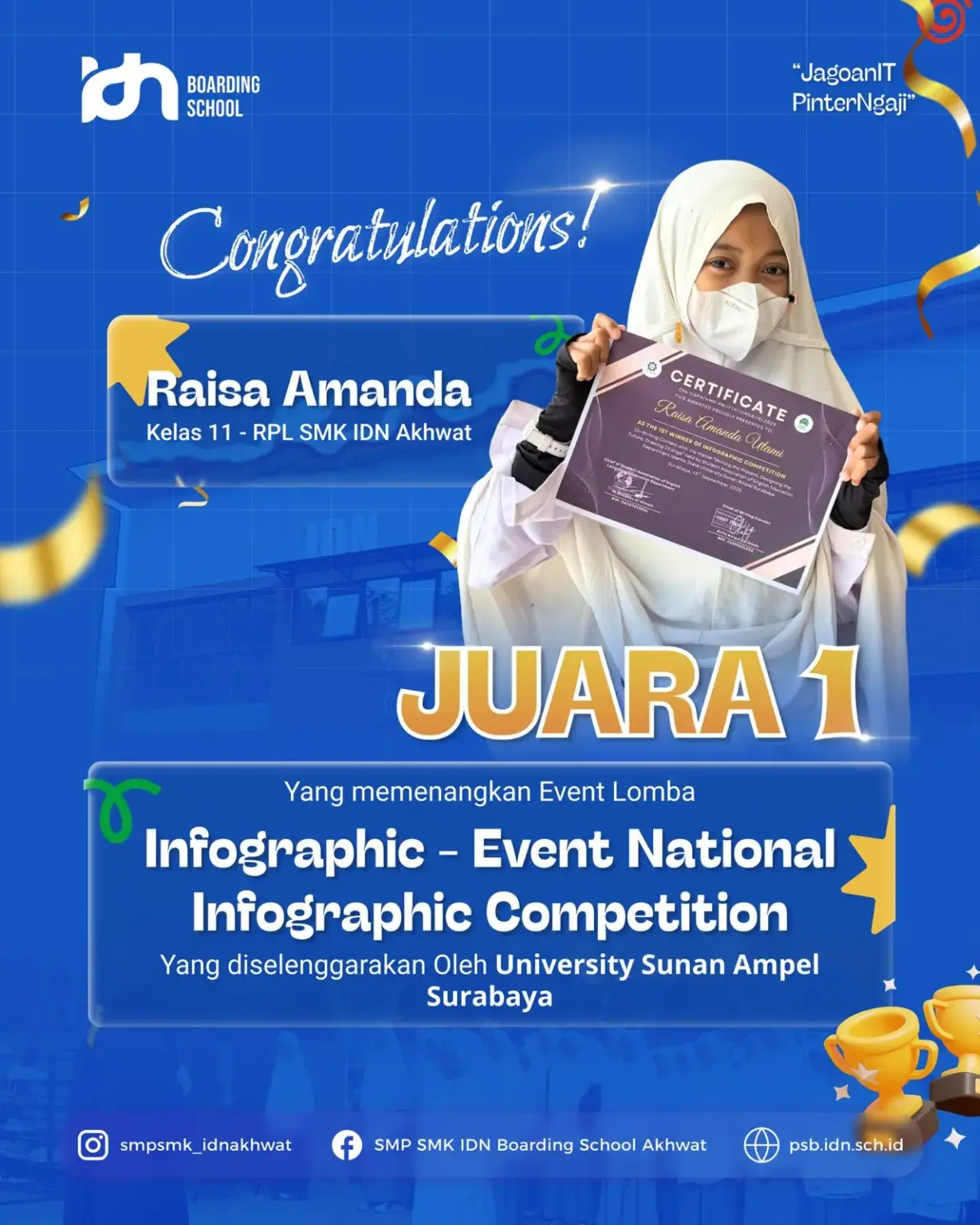 Santri SMK IDN Akhwat Raisa Amanda Utami meraih Juara 1 National Infographic Competition