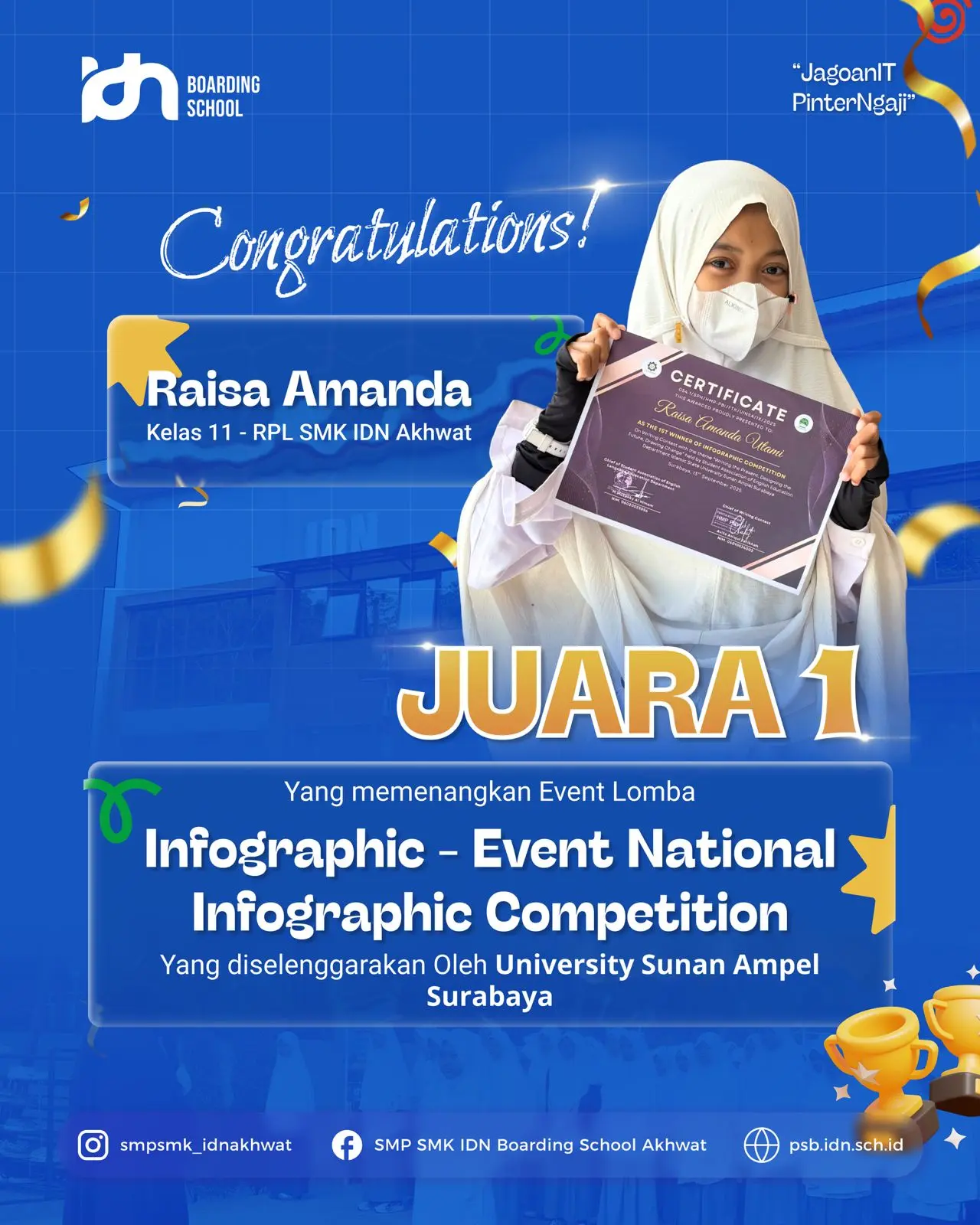 Santri SMK IDN Akhwat Raisa Amanda Utami meraih Juara 1 National Infographic Competition