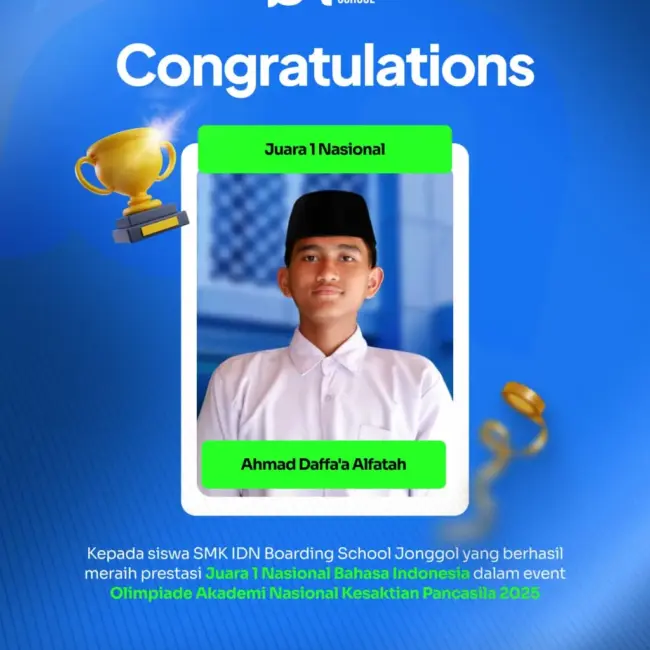 Ahmad Daffa’a Alfatah SMK IDN Jonggol Juara 1 Nasional Bahasa Indonesia