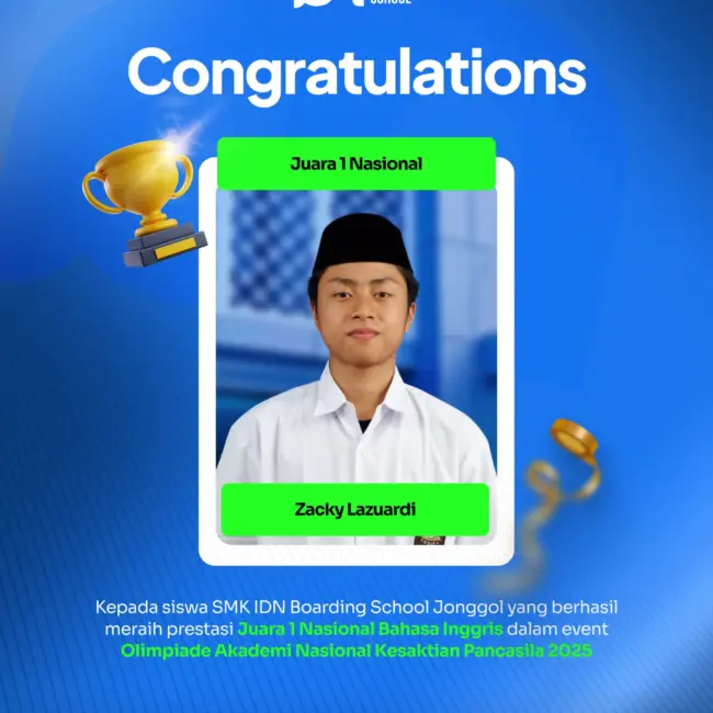 Zaky Lazuardi SMK IDN Jonggol Juara 1 Nasional Bahasa Inggris