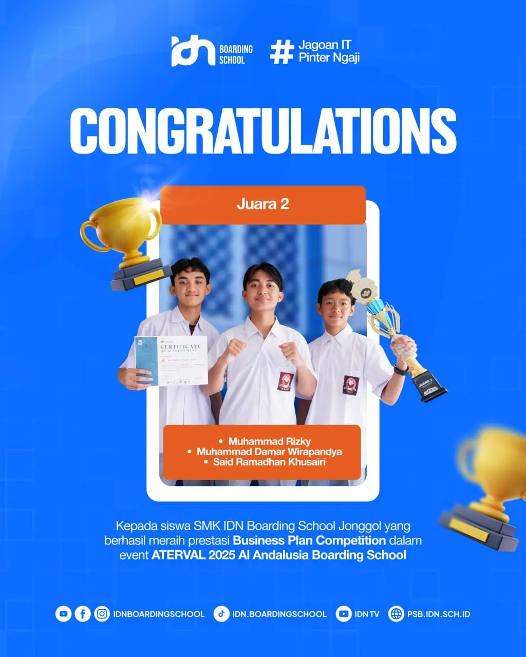 Santri SMK IDN Boarding School Jonggol Juara 2 Business Plan ATERVAL 2025
