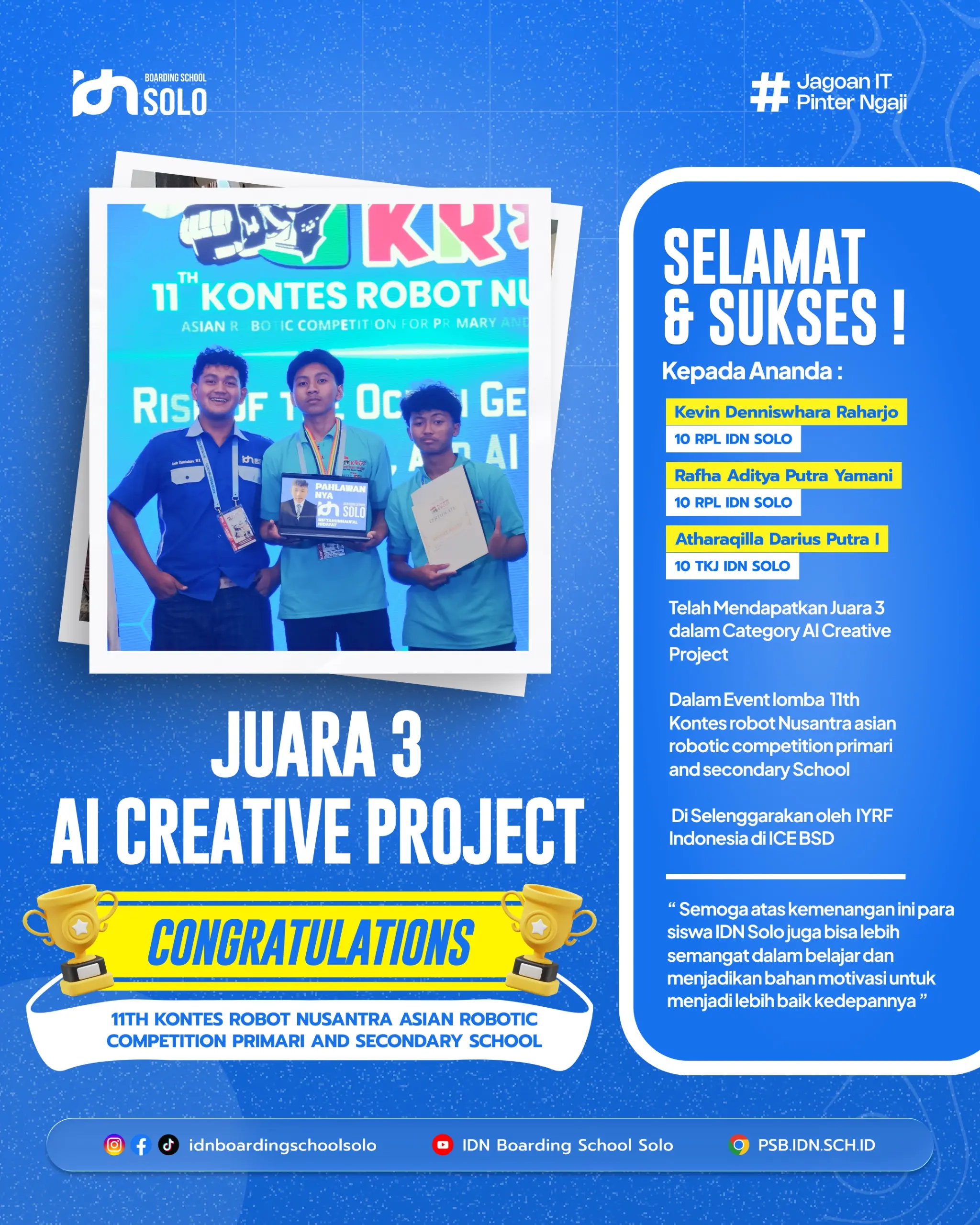 Santri SMK IDN Solo raih Bronze Medal AI Creative Project