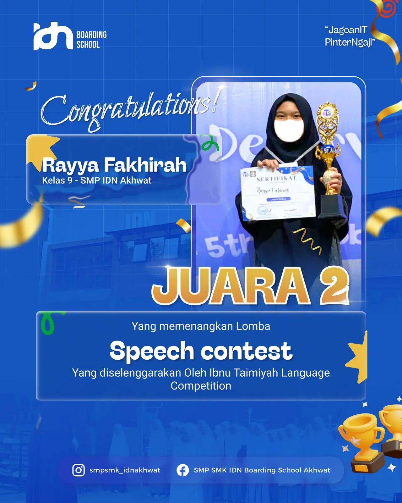Santri akhwat SMP IDN Pamijahan raih Juara Speech Contest Ibnu Taimiyah Language Competition