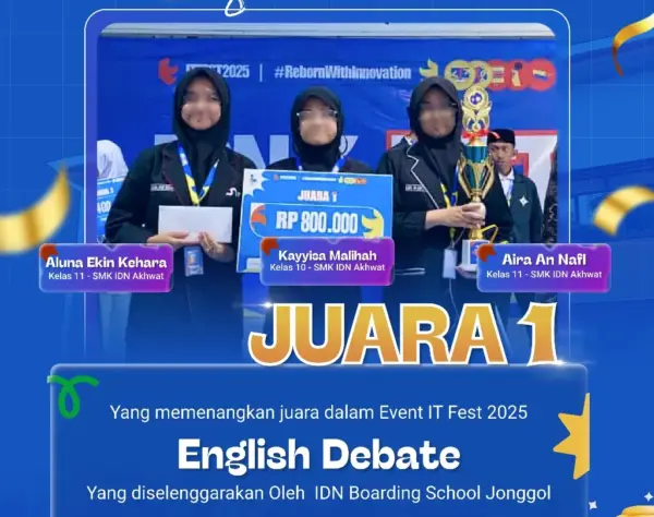 Santri Akhwat SMK IDN Boarding School Jonggol Juara 1 English Debate di IT Fest 2025