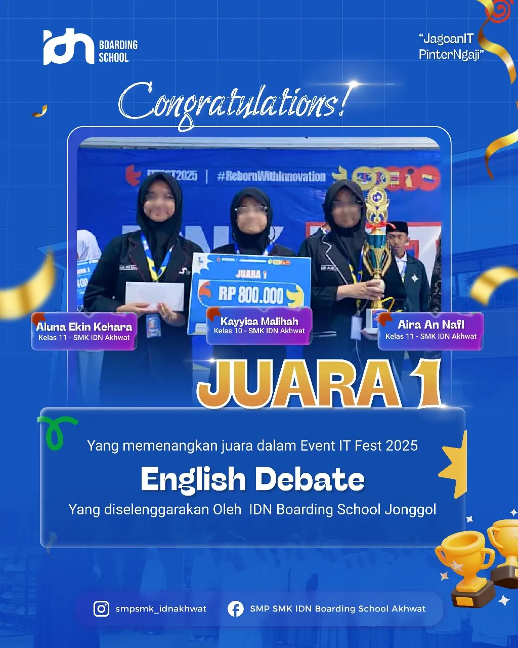 Santri Akhwat SMK IDN Boarding School Jonggol Juara 1 English Debate di IT Fest 2025