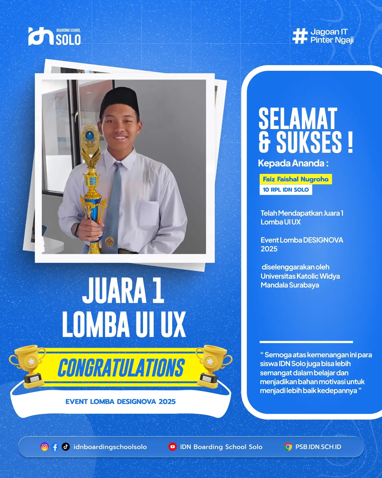 Santri SMK IDN Solo meraih Juara 1 kategori UI/UX di DESIGNOVA 2025