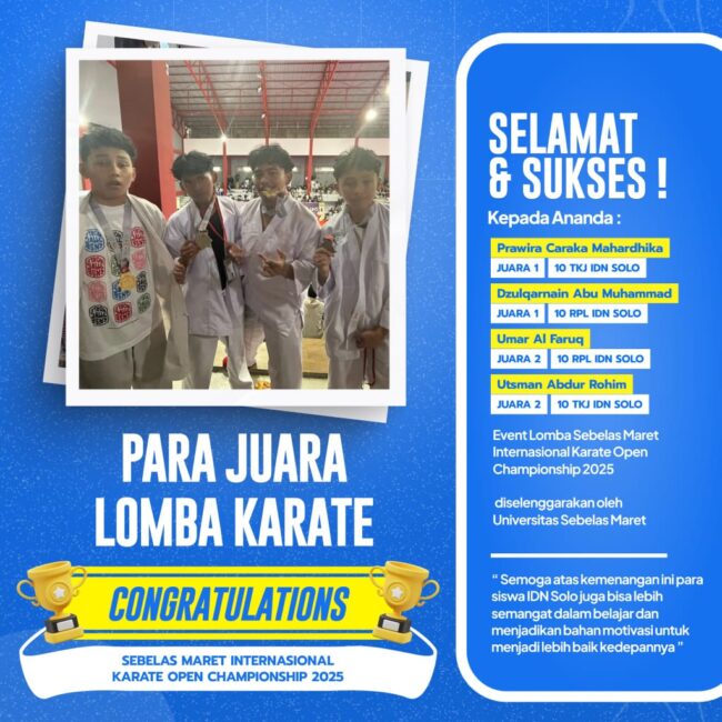 Santri SMK IDN Solo meraih Juara Karate di Sebelas Maret International Karate Open Championship 2025