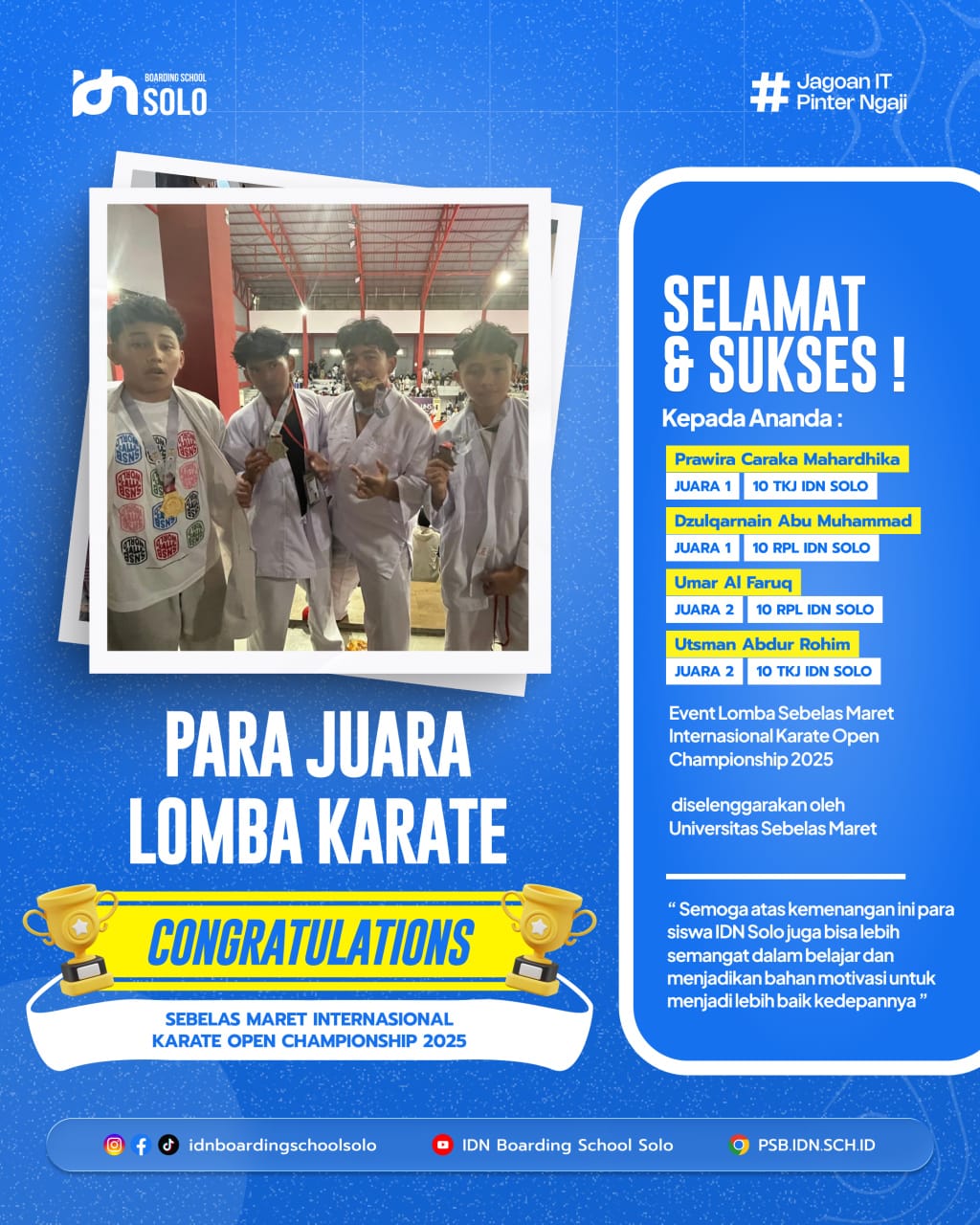 Santri SMK IDN Solo meraih Juara Karate di Sebelas Maret International Karate Open Championship 2025