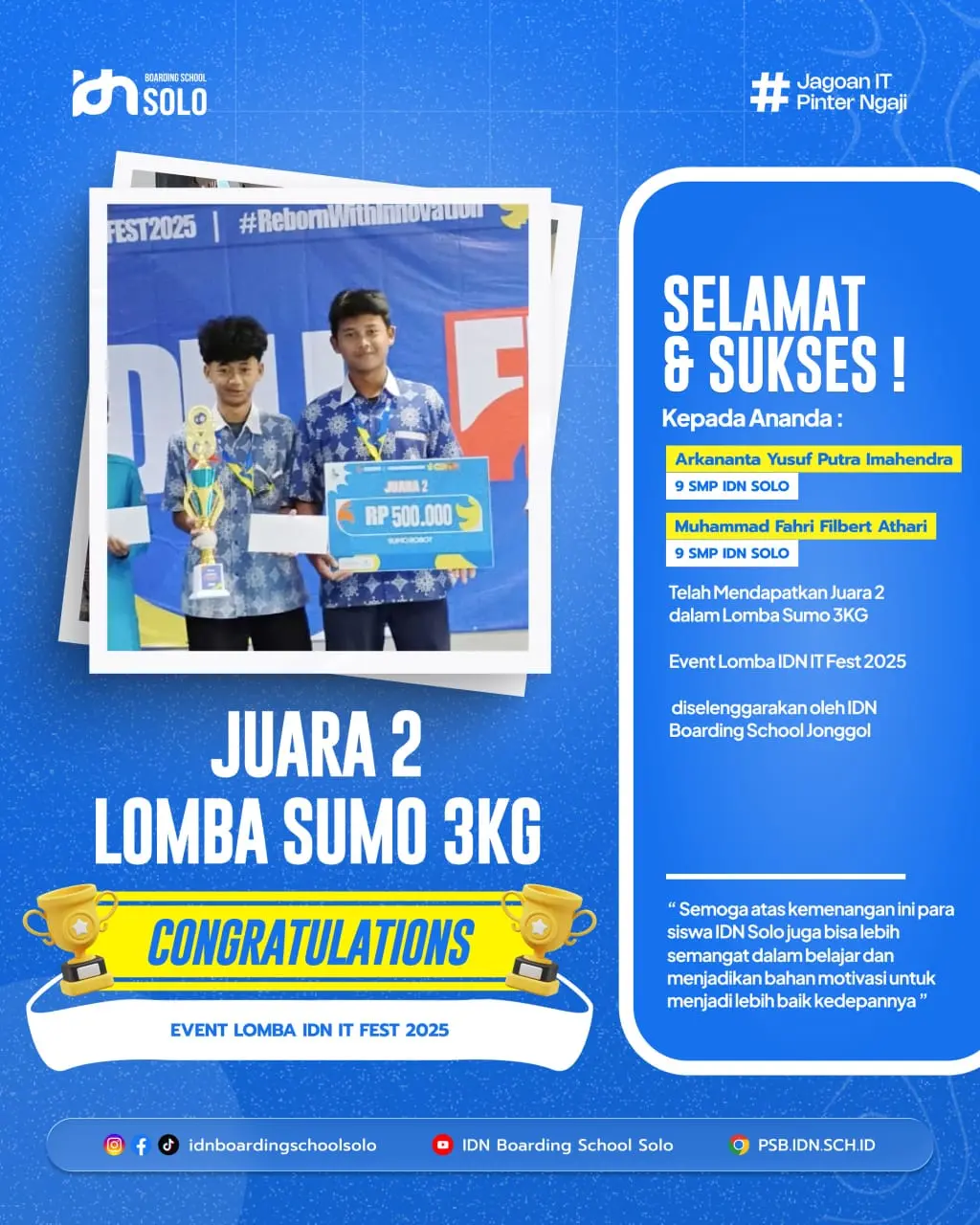 Santri SMP IDN Solo meraih Juara 2 Sumo 3Kg dalam IDN IT Fest 2025