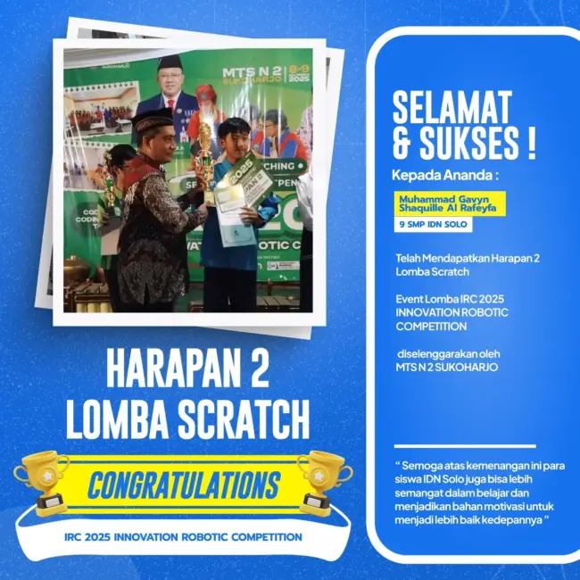 Santri SMP IDN Solo meraih Juara Harapan 2 Coding Scratch di IRC 2025