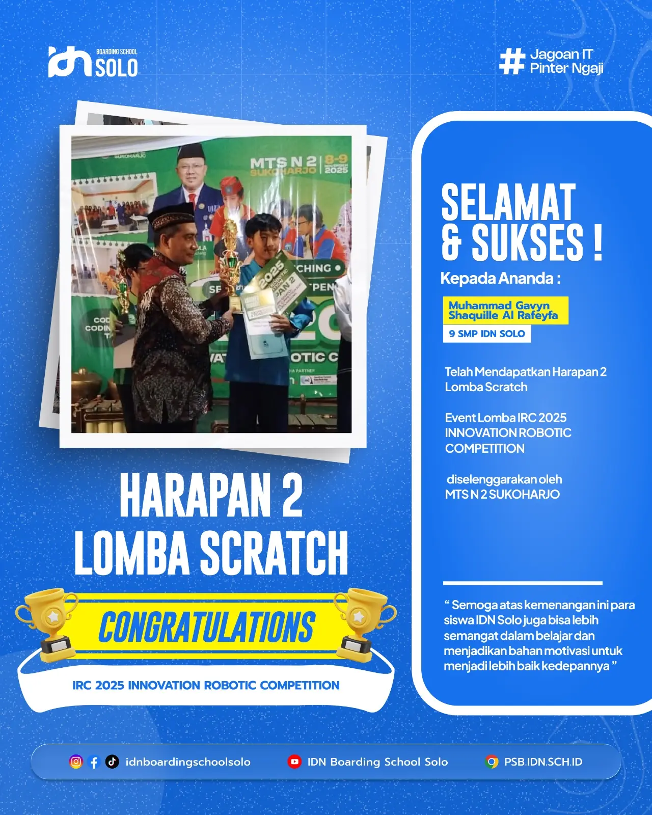 Santri SMP IDN Solo meraih Juara Harapan 2 Coding Scratch di IRC 2025