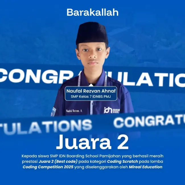 Santri SMP IDN Pamijahan meraih Juara 2 Best Code kategori Coding Scratch