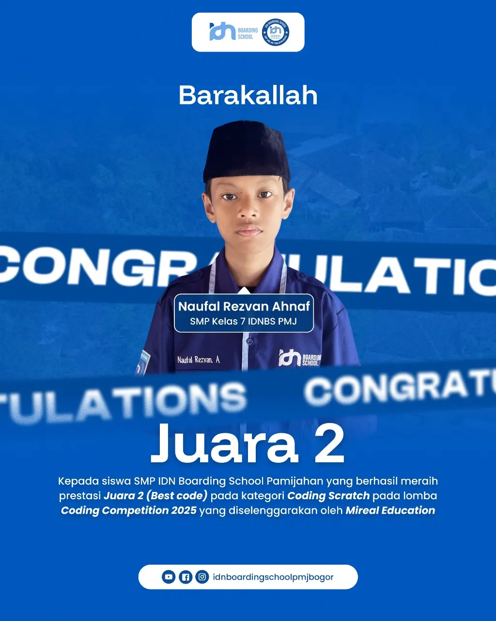 Santri SMP IDN Pamijahan meraih Juara 2 Best Code kategori Coding Scratch