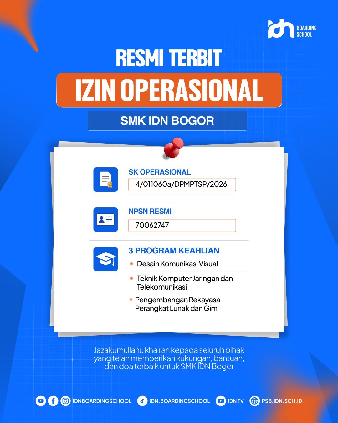 Izin operasional sekolah resmi IDN Boarding School Bogor 2026